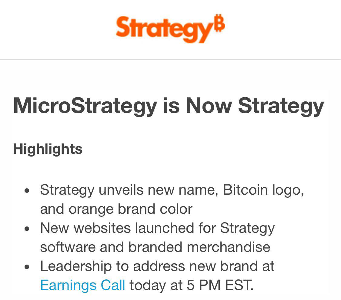 microstrategy-rebrands-to-strategy-with-new-bitcoin-logo-and-orange-color,-earnings-call-at-5-pm-est-–-“the-defiant”